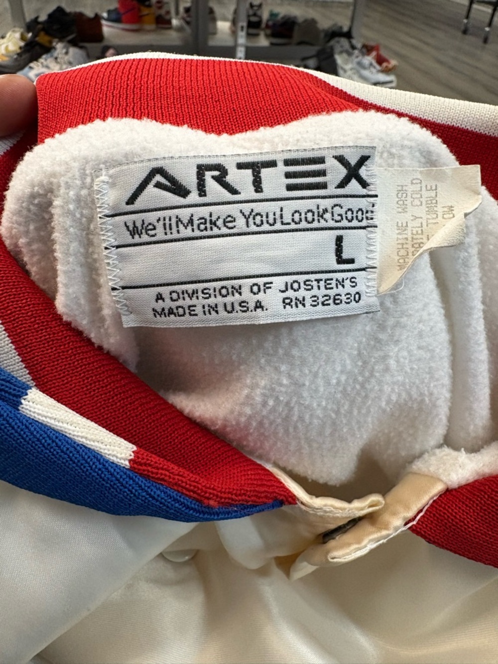 Vintage Cream Olympic Satin Bomber Jacket with Red & Blue Trim - Picture 4 of 8